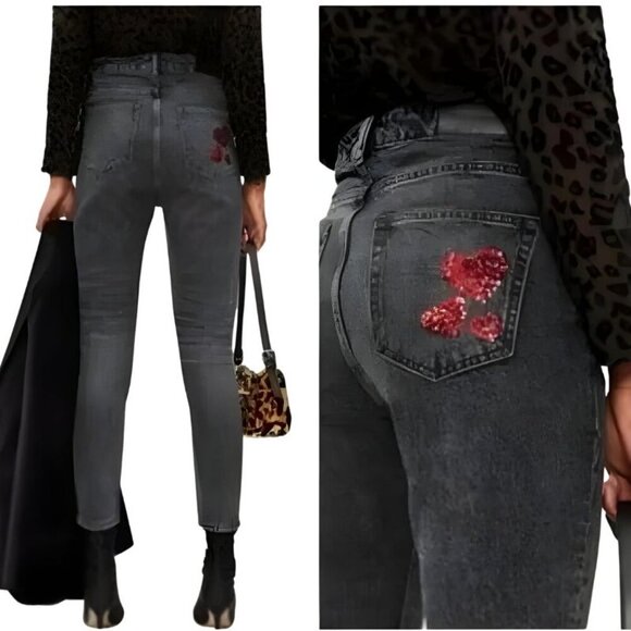 The Kooples Lizy Black Stonewash Ankle Jeans Sequin Hearts Pocket Size 26 - Picture 1 of 9